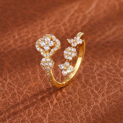 New Fashion Zircon Inlay Four-Leaf Flower Design Open Ring for Women Exquisite Shiny CZ Niche Jewelry Gift